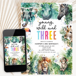 Invitation Jeune Sauvage & Trois Animaux de Safari 3e Anniver