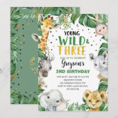 Invitation Jeune Sauvage & Trois Floral Garçon Jungle 3e Anni (Devant / Derrière)