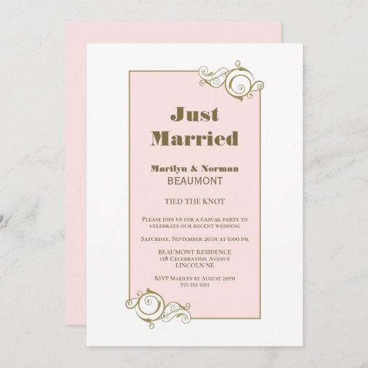 Invitation Jeunes Mariés Cadre Doré Réception de Mariage Rose (Devant / Derrière)