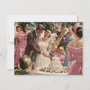 Invitation Jeunes mariés de mariage vintage coupent le gâteau