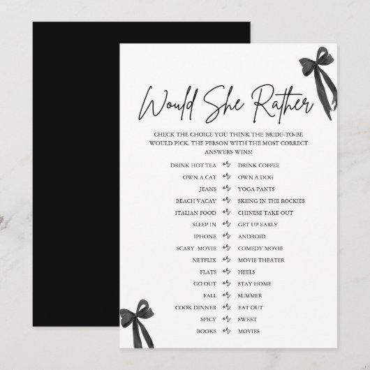 Invitation Jeux de Baby Shower "Black Bow Would She Rather" (Devant / Derrière)