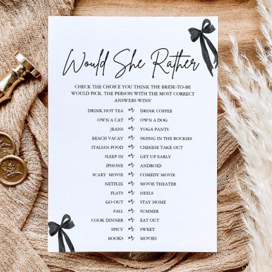 Invitation Jeux de Baby Shower "Black Bow Would She Rather"