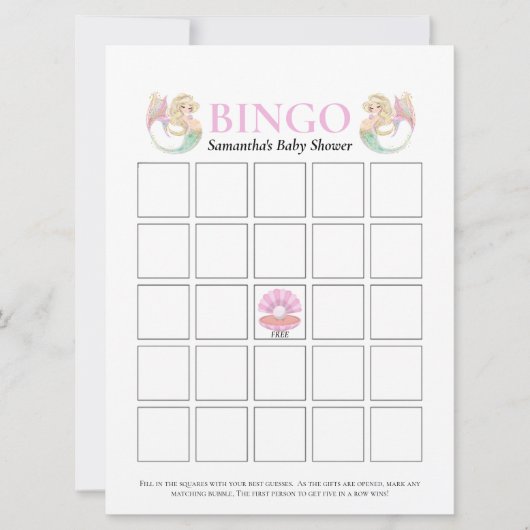 Invitation Jeux de Bingo Baby Shower Mermaid Mother Rose et B (Devant)