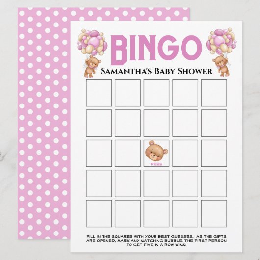 Invitation Jeux de Bingo Fille Ourson Fête de Bébé Rose Bulle (Devant / Derrière)