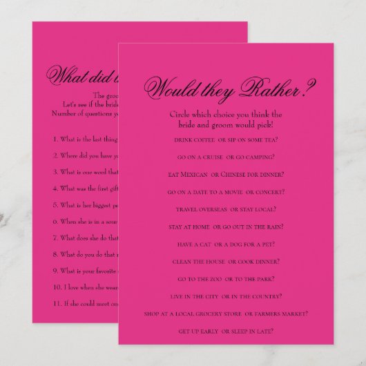 Invitation Jeux de Fête de Mariage Rose Chaude Double Face (Devant / Derrière)