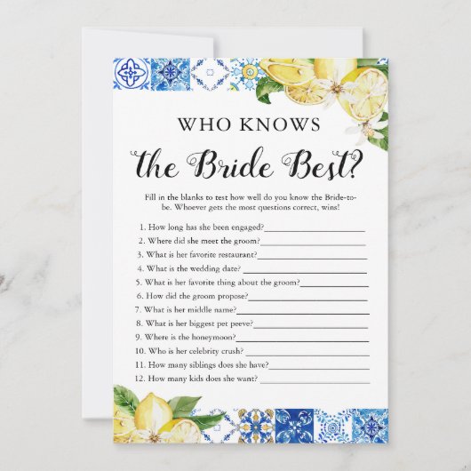 Invitation Jeux de mariage Blue Tile Lemons Qui connaît le mi (Devant)