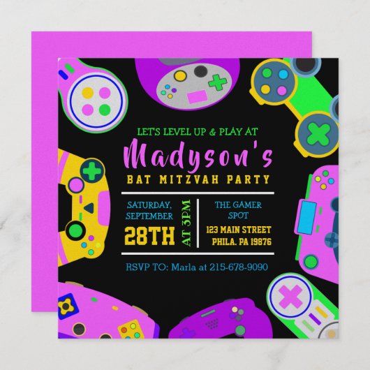 Invitation JEUX VIDÉO JEU Fille Bat mitzvah Soirée (Devant / Derrière)