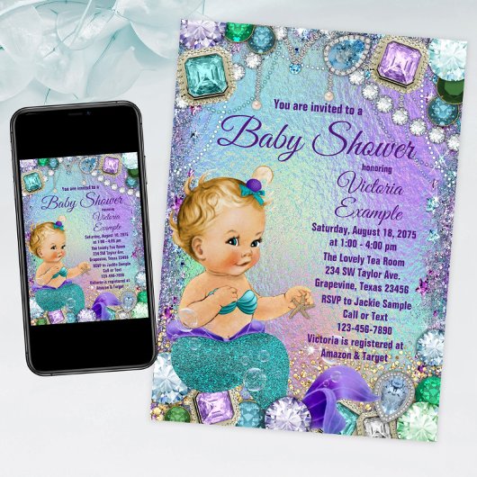 Invitation Jewel Mermaid Blonde Mermaid Baby shower