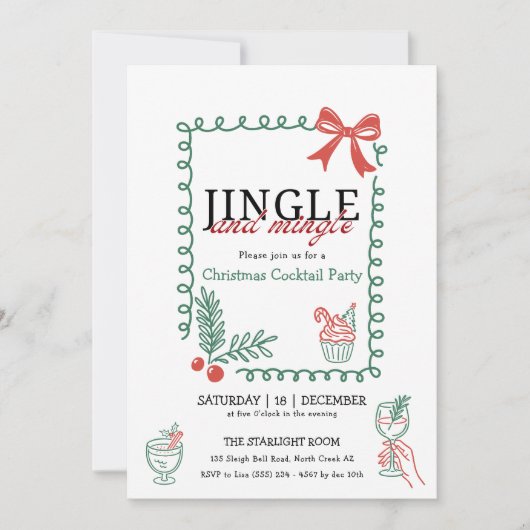 Invitation Jingle and mingle doodle christmas cocktail party (Devant)