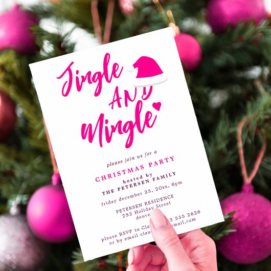 Invitation Jingle et mêle script rose fête de Noël