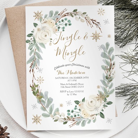 Invitation Jingle et Mingle d'hiver de fleurs blanches