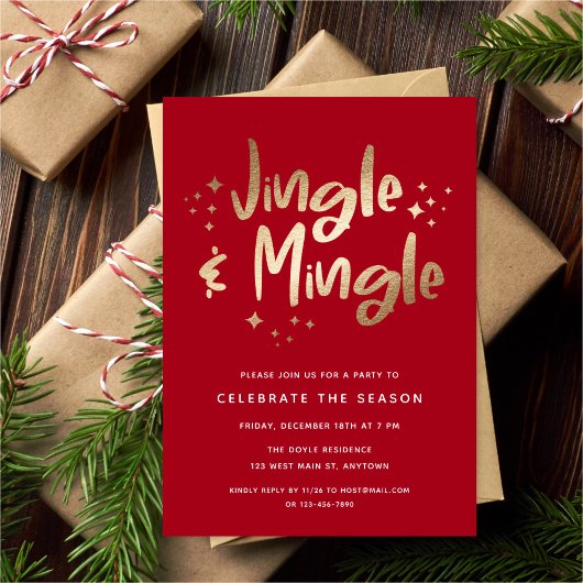 Invitation Jingle et Mingle Faux Gold Foil Rouge | Fête de va
