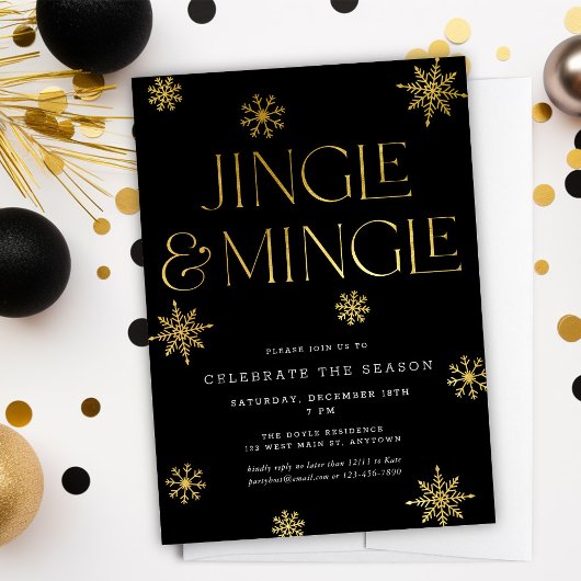 Invitation Jingle & Mingle Black Gold Snowflakes
