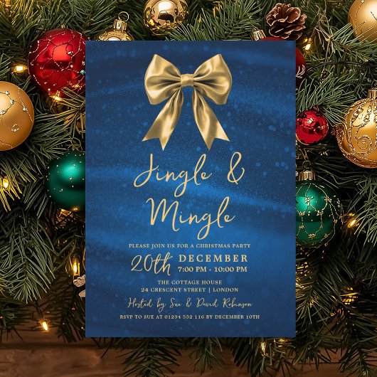 Invitation Jingle Mingle Christmas Gold Bow Silver Blue 