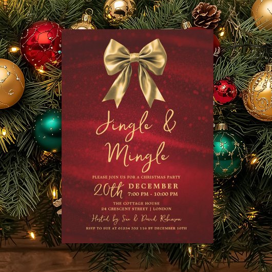Invitation Jingle Mingle Christmas Party Gold Bow Silver Red