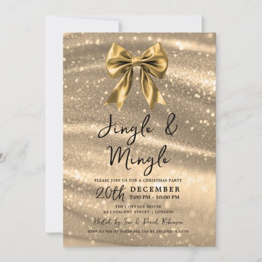 Invitation Jingle & Mingle Christmas Party Gold Sparkle Bow (Devant)