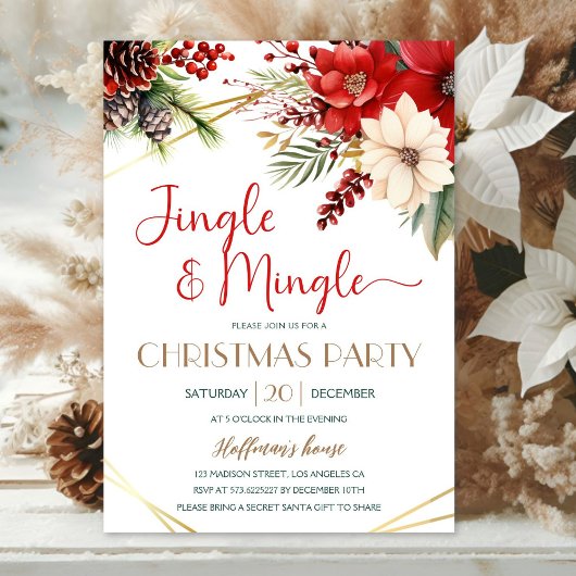 Invitation Jingle & Mingle Christmas Party Red Poinsettia