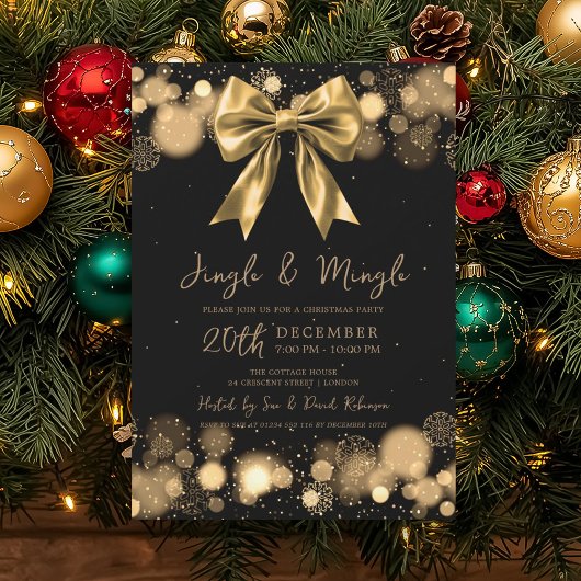 Invitation Jingle & Mingle Christmas Party Winter Gold Bow