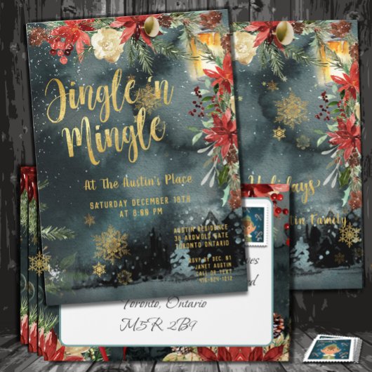 Invitation Jingle & Mingle Gold Floral Green Party