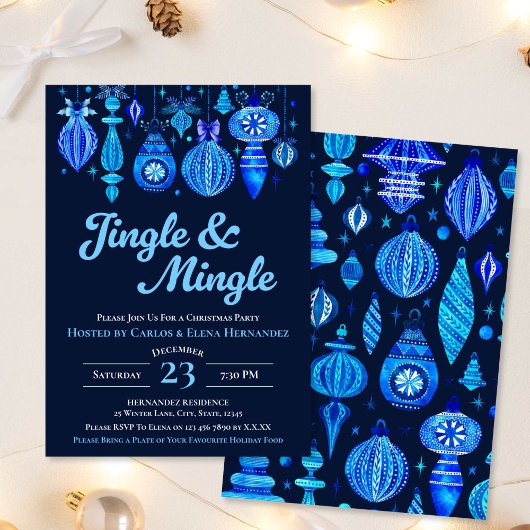Invitation Jingle & Mingle Marine Noël Baubles Aquarelle
