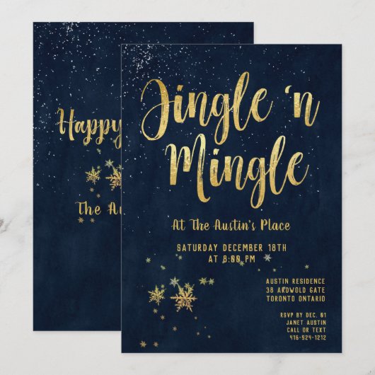 Invitation Jingle Mingle Navy Gold Calligraphy (Devant / Derrière)