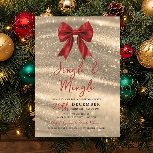 Invitation Jingle & Mingle Xmas Party Gold Sparkle Red Bow 