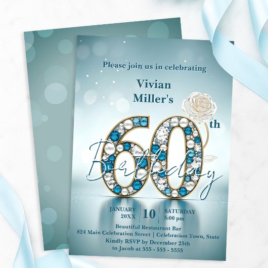 Invitation Joaillerie bleu et perle opulente 60e anniversaire
