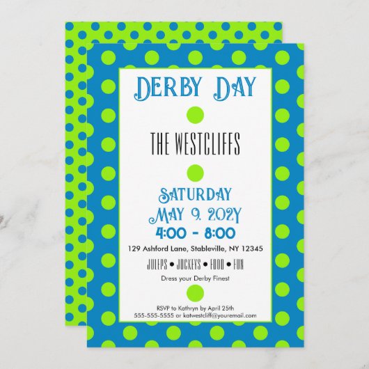 Invitation Jockey Dots en soie Vert et Bleu Derby (Devant / Derrière)