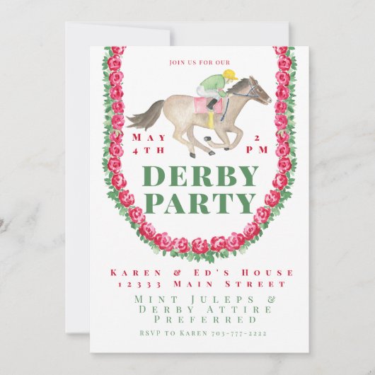 Invitation Jockey Roses d'aquarelle sur Horse Derby Party (Devant)