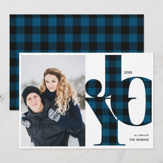 Invitation Joie | Blue Buffalo Plaid Photo Holiday (Devant / Derrière)