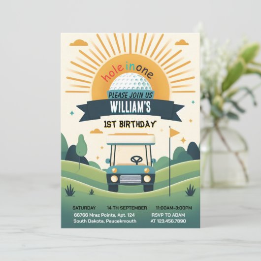 Invitation Joie garçon joli golf trou dans un premier 1er ann (Debout devant)