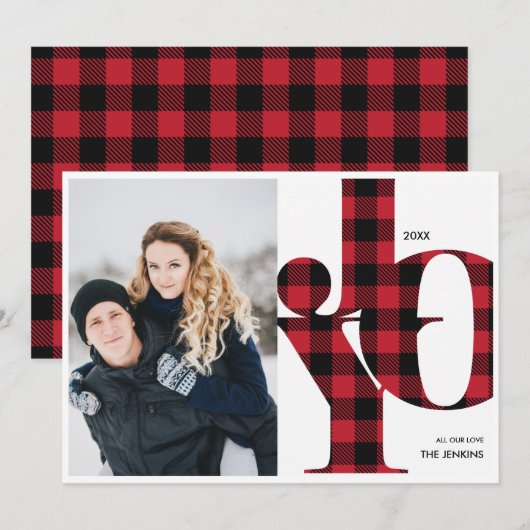 Invitation Joie | Red Buffalo Plaid Photo Holiday (Devant / Derrière)