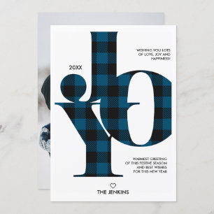 Invitation Joie Typographie Bleu Buffalo Plaid Photo Holiday