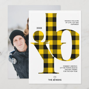 Invitation Joie Typographie Buffle Jaune Plaid Photo Holiday