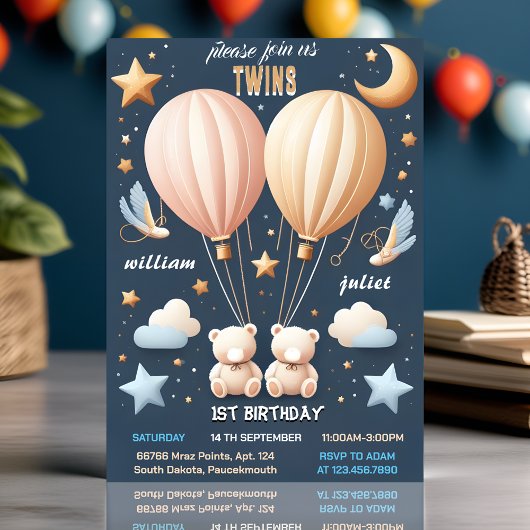 Invitation Joignez-vous à l'ours commun Hot Air Balloon Twins