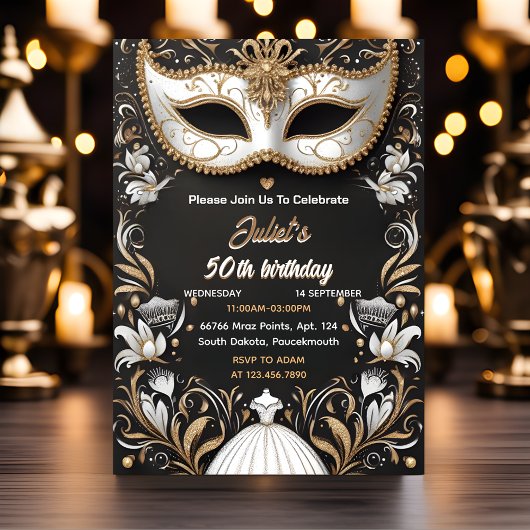 Invitation Join Tutu Black Gold Chic Masquerade 50e anniversa