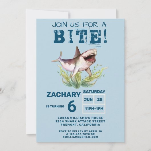 Invitation Join Us For a Bite Funny Shark Boys Birthday Party (Devant)