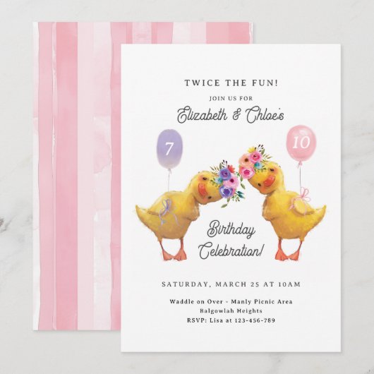 Invitation Joint Birthday Invite, Duck Double Party (Devant / Derrière)