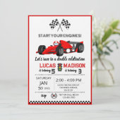 Invitation joint birthday party for siblings race car  (Debout devant)