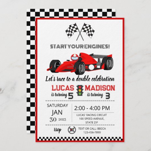 Invitation joint birthday party for siblings race car  (Devant / Derrière)