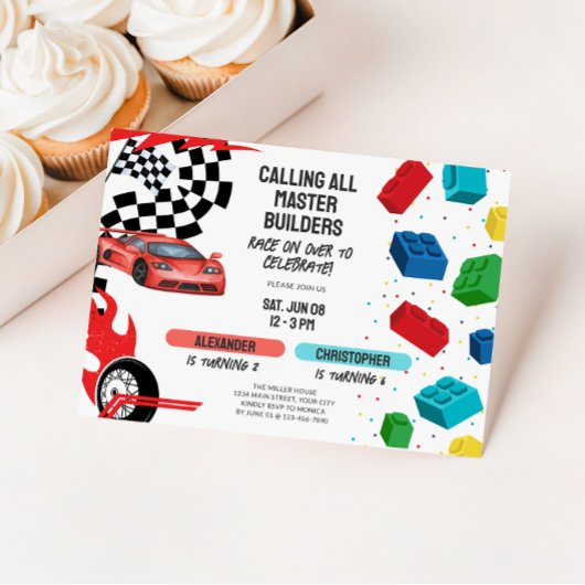 Invitation Joint Building Blocks & Race Cars Sibling Birthday