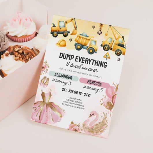 Invitation Joint Construction & Ballerina Sibling Birthday