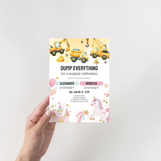 Invitation Joint Construction & Unicorn Sibling Birthday