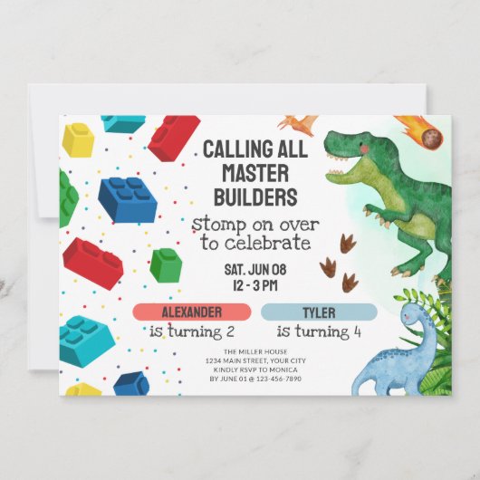 Invitation Joint Dinosaur & Building Blocks Sibling Birthday (Devant)
