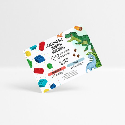 Invitation Joint Dinosaur & Building Blocks Sibling Birthday