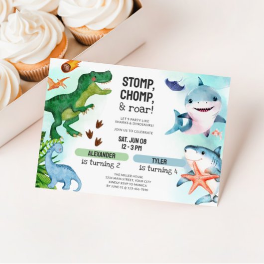 Invitation Joint Dinosaur & Sharks Sibling Birthday