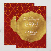 Invitation Joint Doré Feuille Fiery Red Mariage Indien Maroca (Devant / Derrière)