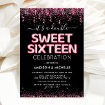 Invitation Joint Twin Sweet sixteen 16e fête d'anniversaire<br><div class="desc">Invitations modernes à la fête du 16ème anniversaire avec un arrière - plan noir élégant,  parties scintillant rose et confetti,  ballons d'hélium rose sweet sixteen,  et un modèle de célébration double qui est facile à personnaliser.</div>