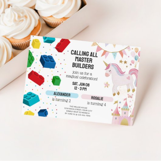 Invitation Joint Unicorn & Building Blocks Birthday