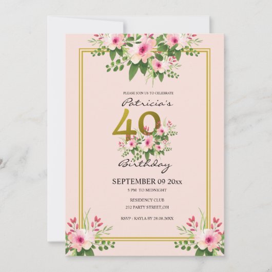 Invitation Joli 40e anniversaire Floral Rose and Gold (Devant)